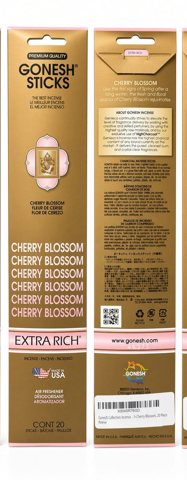 Gonesh Extra Rich Cherry Blossom incense – soft, fresh floral scent that celebrates spring. Clean high-charcoal burn. 20 sticks. Fine fragrances since 1923.
Gonesh Cherry Blossom incense, Extra Rich Cherry Blossom, Cherry Blossom incense sticks,
floral incense, spring incense, Gonesh Extra Rich floral, cherry blossom charcoal incense