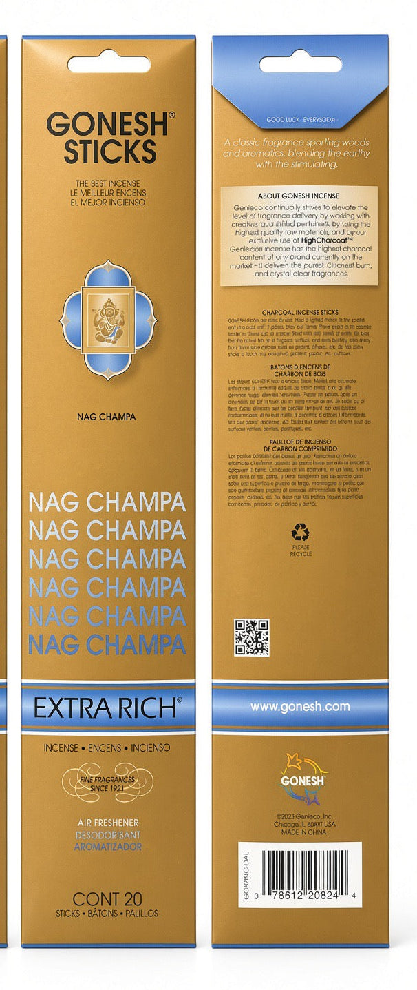 Gonesh Extra Rich Nag Champa incense – classic blend of woods and aromatics. Earthy yet stimulating. High charcoal for pure burn. 20 sticks since 1923.