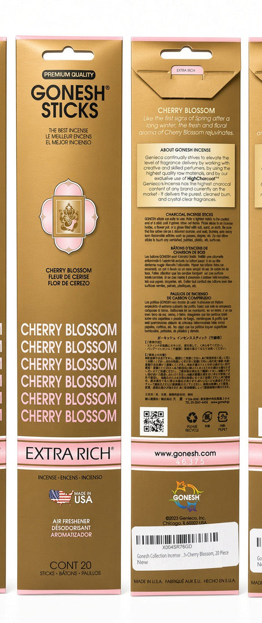 Four Gonesh Cherry Blossom Extra Rich Gonesh Sticks packaging boxes shown upright, with two front views and two back views displaying ingredients and barcodes on a white background.