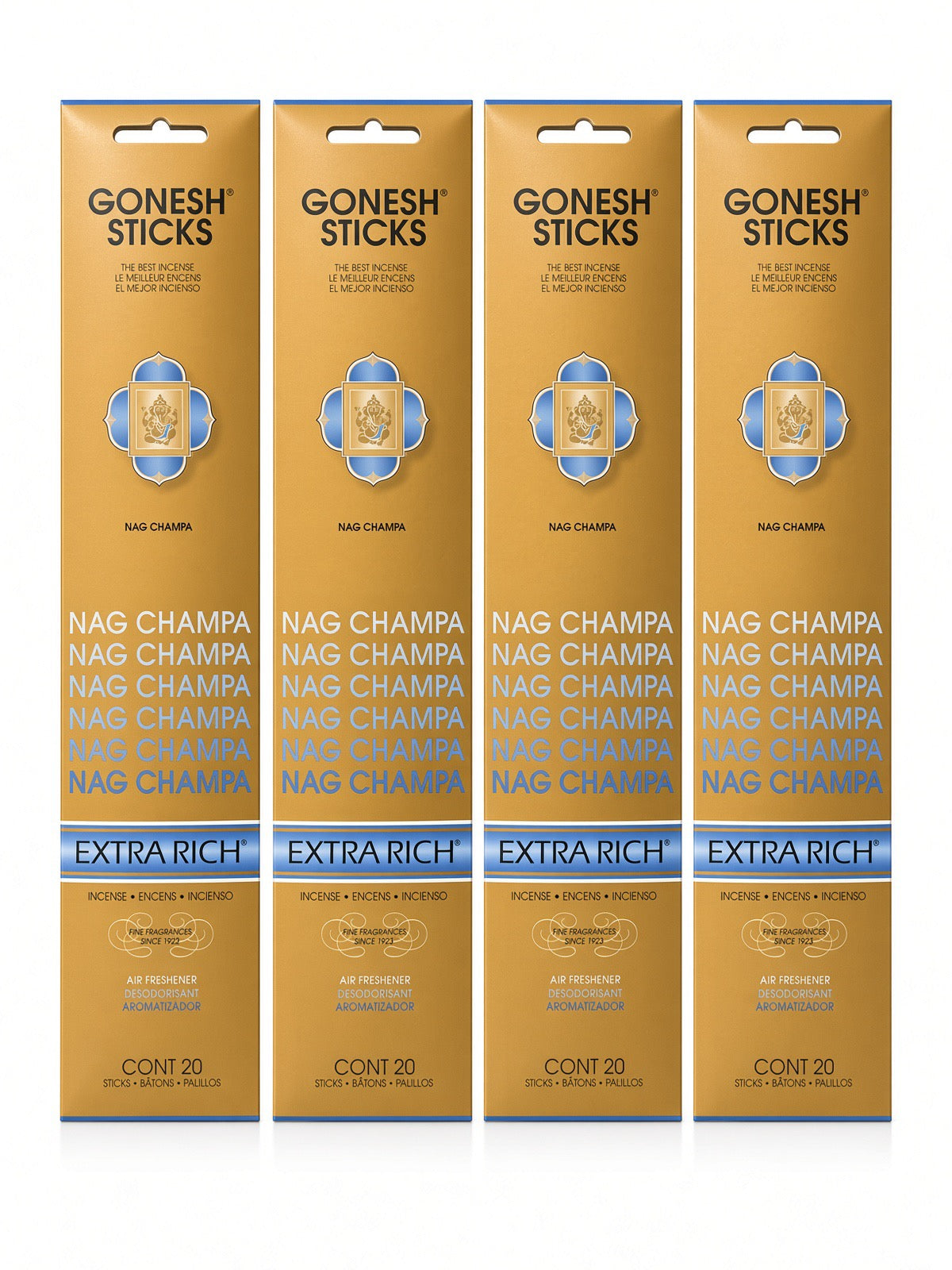 Gonesh Extra Rich Nag Champa incense – classic blend of woods and aromatics. Earthy yet stimulating. High charcoal for pure burn. 20 sticks since 1923.