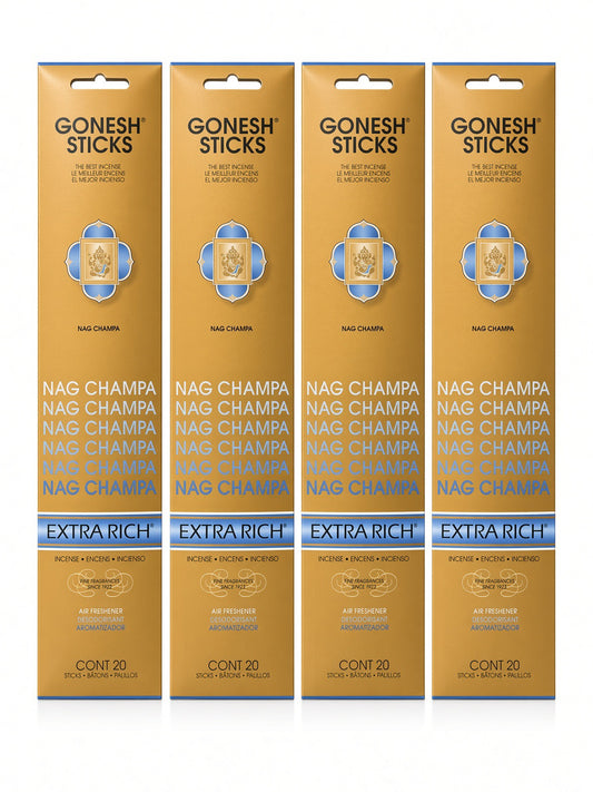 Gonesh Extra Rich Nag Champa incense – classic blend of woods and aromatics. Earthy yet stimulating. High charcoal for pure burn. 20 sticks since 1923.