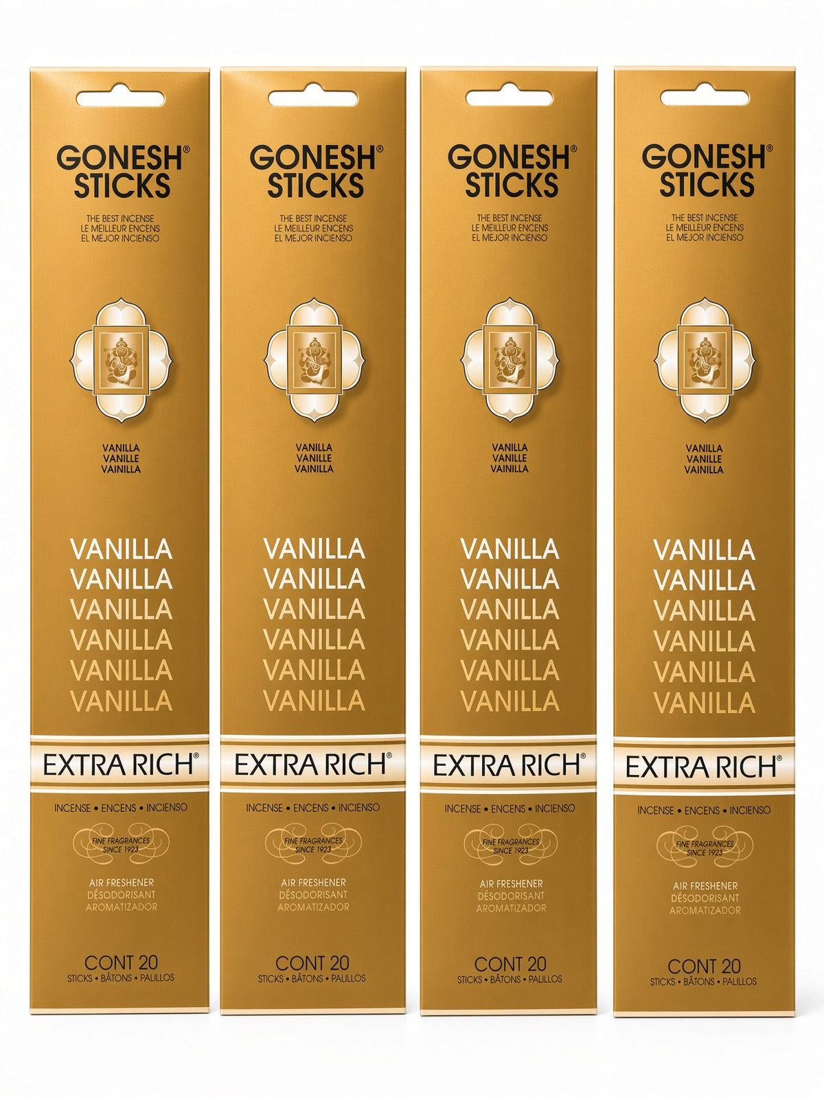 Four gold Gonesh Sticks vanilla pouches arranged side by side on a white background.
Primary Keywords:
Gonesh Vanilla incense, Extra Rich Vanilla, Vanilla incense sticks, Gonesh Extra Rich Vanilla
Secondary Keywords:
creamy vanilla incense, comforting incense, Gonesh charcoal incense, vanilla air freshener
