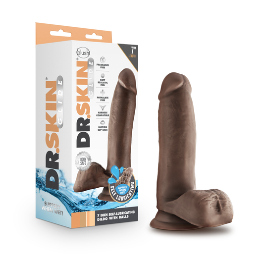 Dr. Skin Glide - 7 Inch Self Lubricating Dildo With Balls - Chocolate