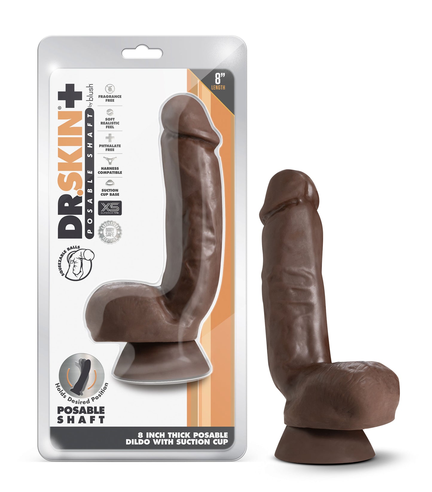 Dr. Skin Plus - 8 Inch Thick Poseable Dildo With Squeezable Balls - Chocolate