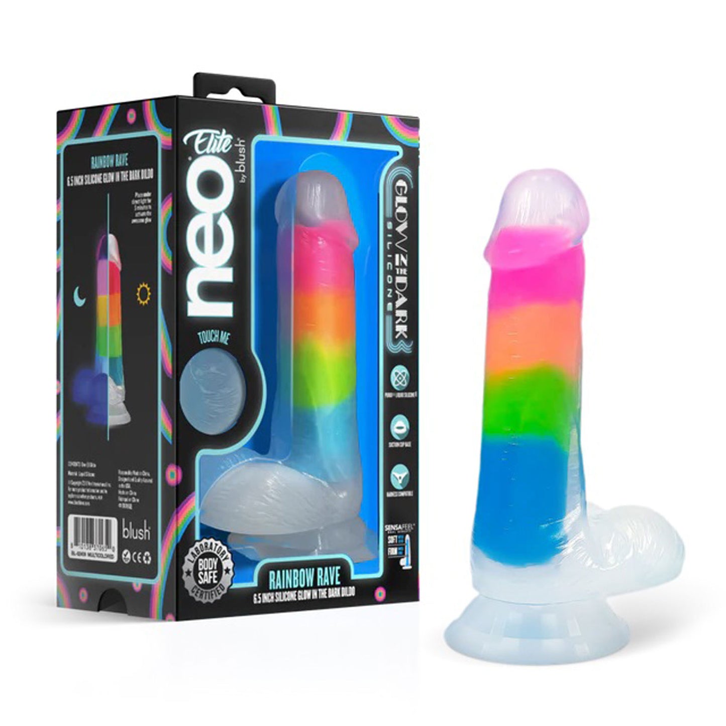 Neo Elite Glow in the Dark Rainbow Rave 6.5" Silicone Dual Density Dildo Multicolored