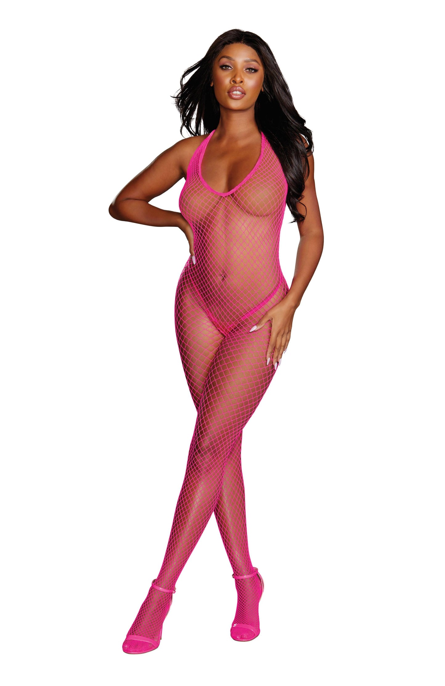 Diamond Net Bodystocking - One Size - Neon Pink