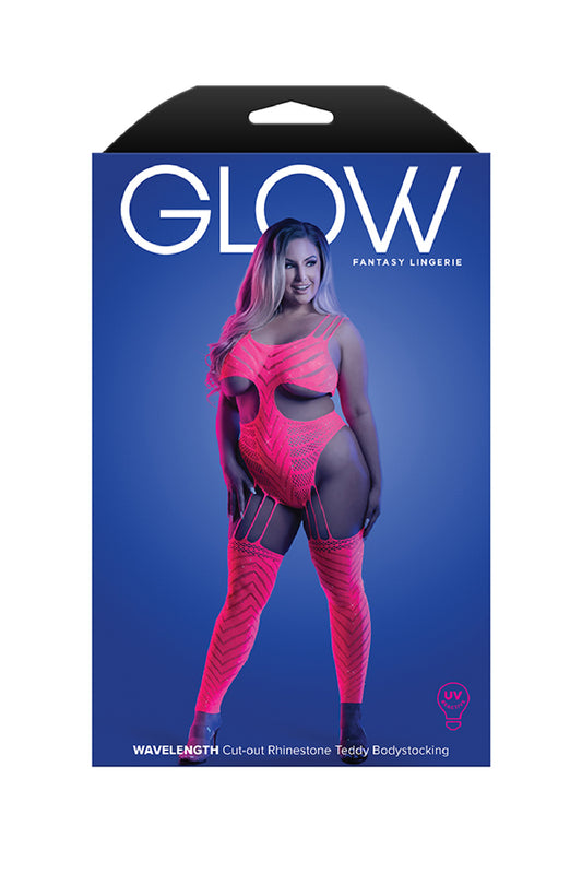 Wavelength Cutout Rhinestone Teddy Bodystocking - Queen - Neon Pink