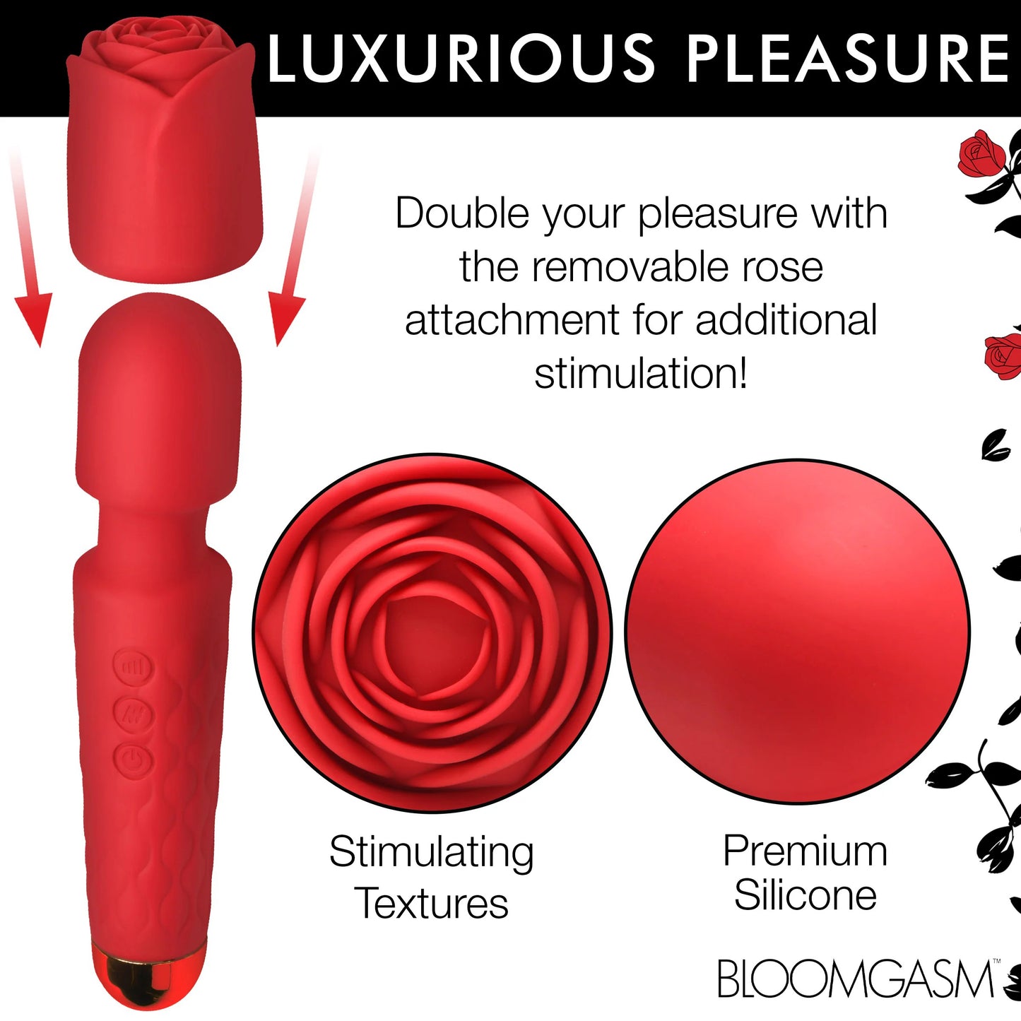 Pleasure Rose 10x Silicone Wand With Rose Attachment - Red