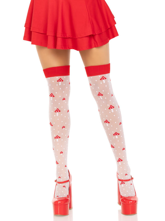 Polka Dot Mushroom Thigh High - One Size - White/red