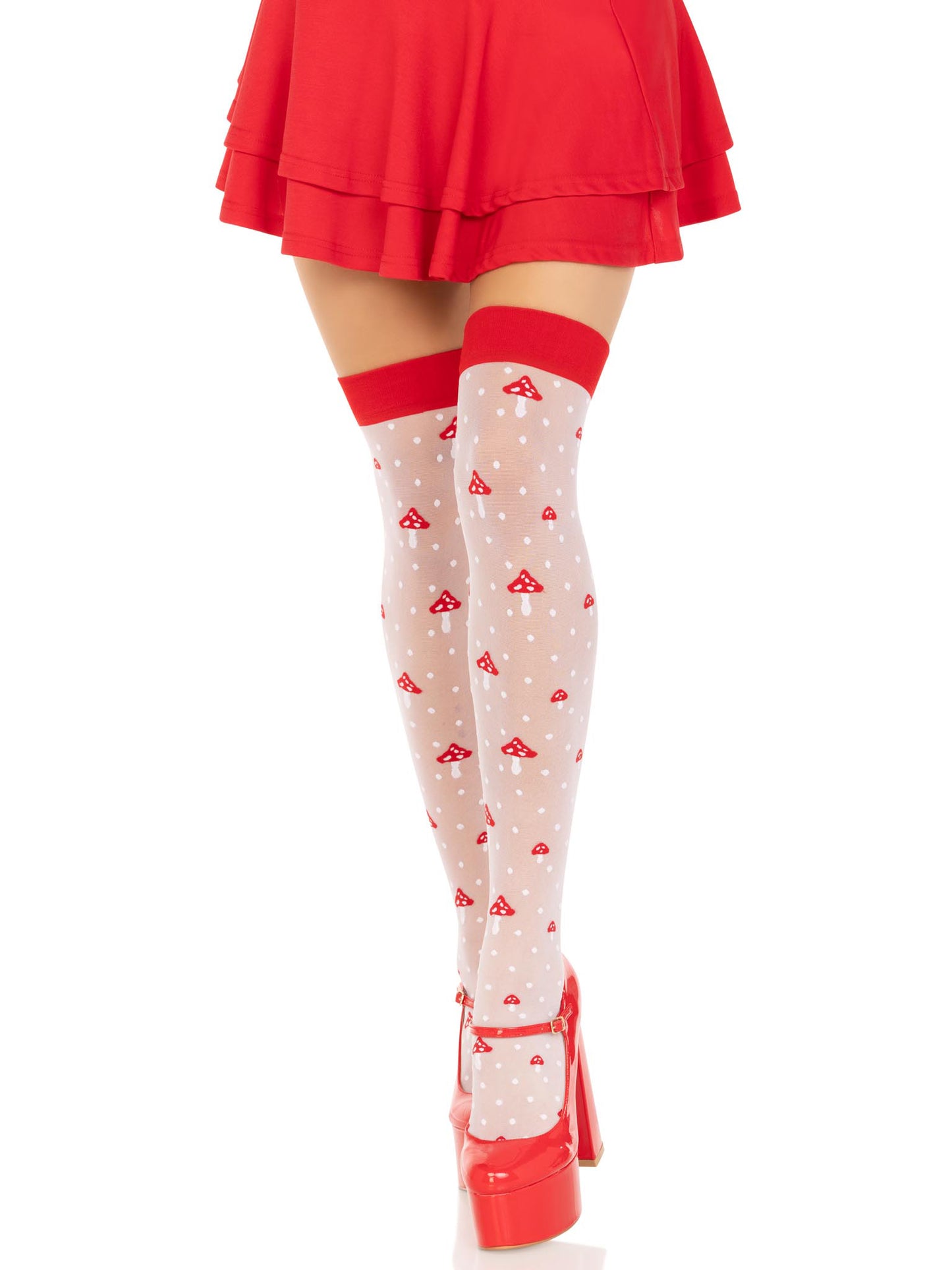 Polka Dot Mushroom Thigh High - One Size - White/red