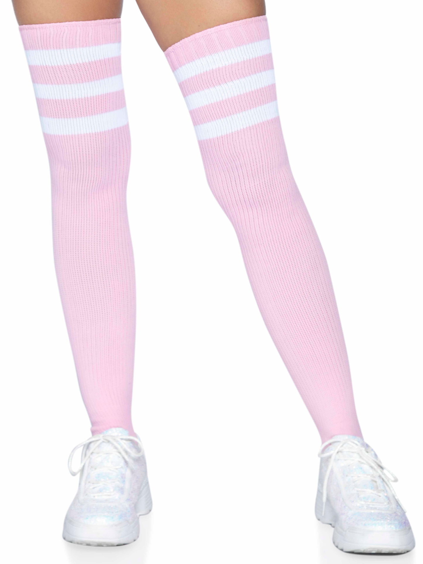 3 Stripes Athletic Ribbed Thigh Highs - One Size - Light Pink