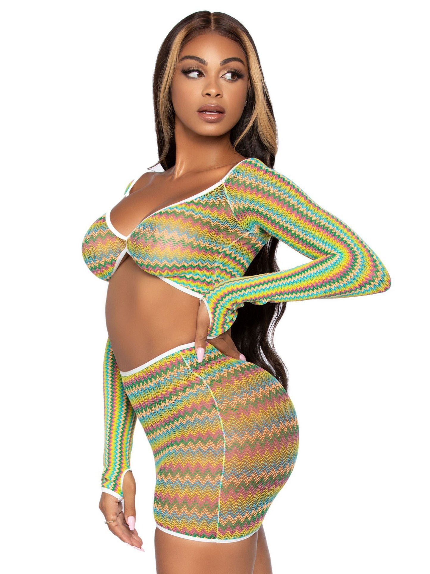 2 Pc Zig Zag Net Crop Top and Mini Dress - One Size - Green