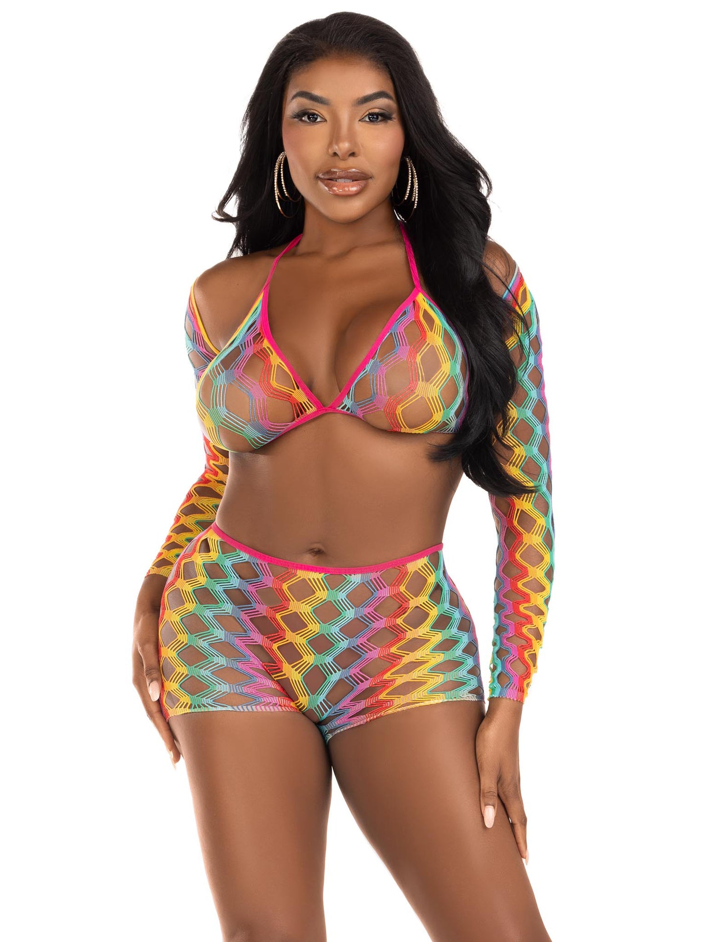 3 Pc Net Bra Top With Shrug and Boy Shorts - One Size - Multicolor