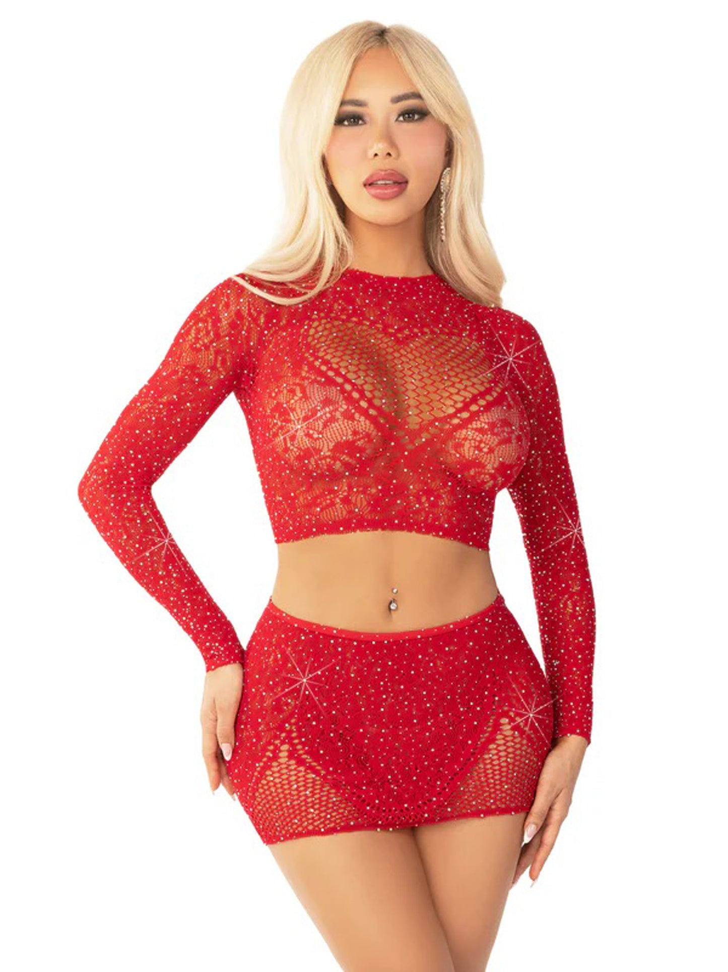 Red 2pc Rhinestone Lace and Net Crop Top with - Heart Keyhole Mini Skirt - Os