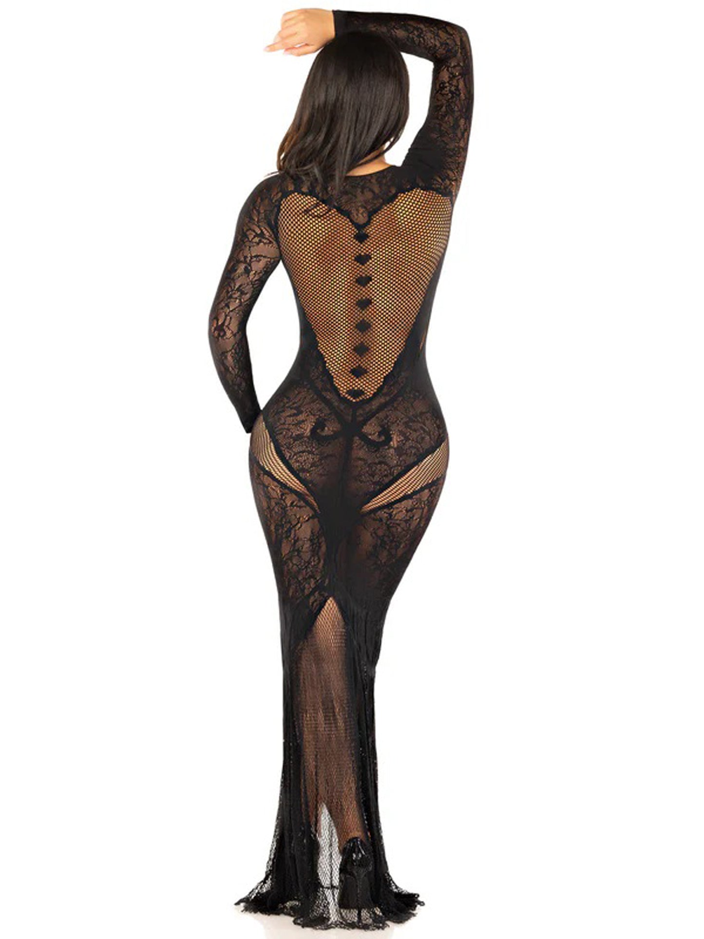 Black Lace and Net Body Con Gown - With Heart Keyhole Detail - Os