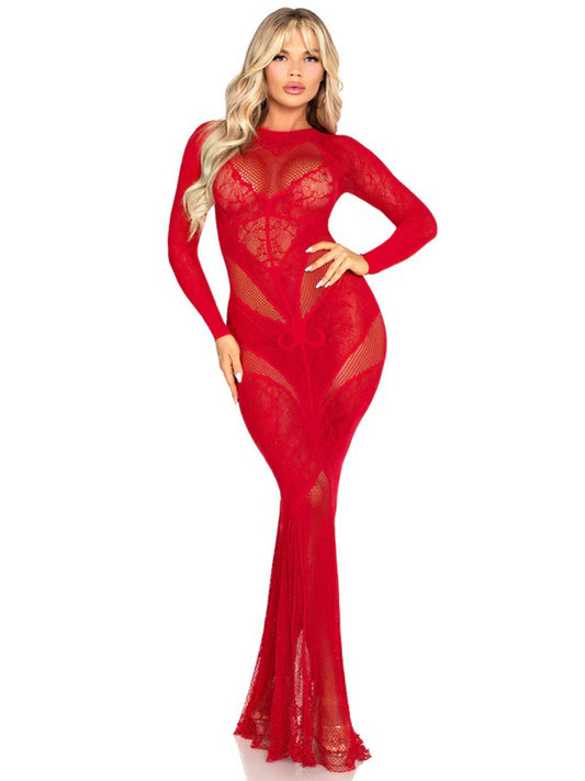 Red Lace and Net Body Con Gown - With Heart Keyhole Detail - Os