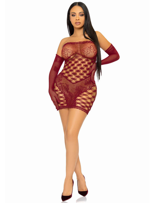 2 Pc Hardcore Net Tube Dress With Gloves - One Size - Burgundy