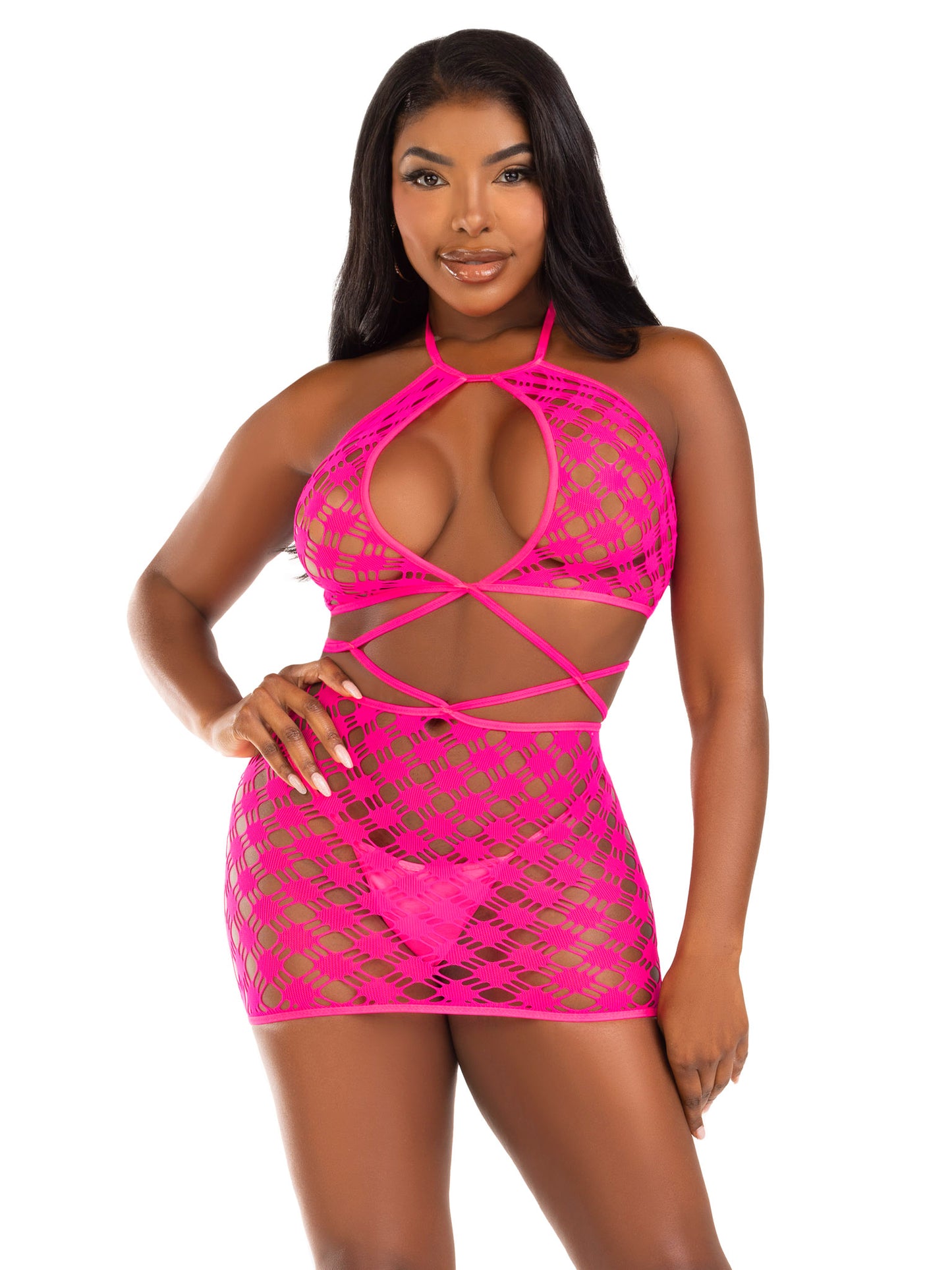 Keyhole Halter Hardcore Net Mini Dress - One Size - Neon Pink