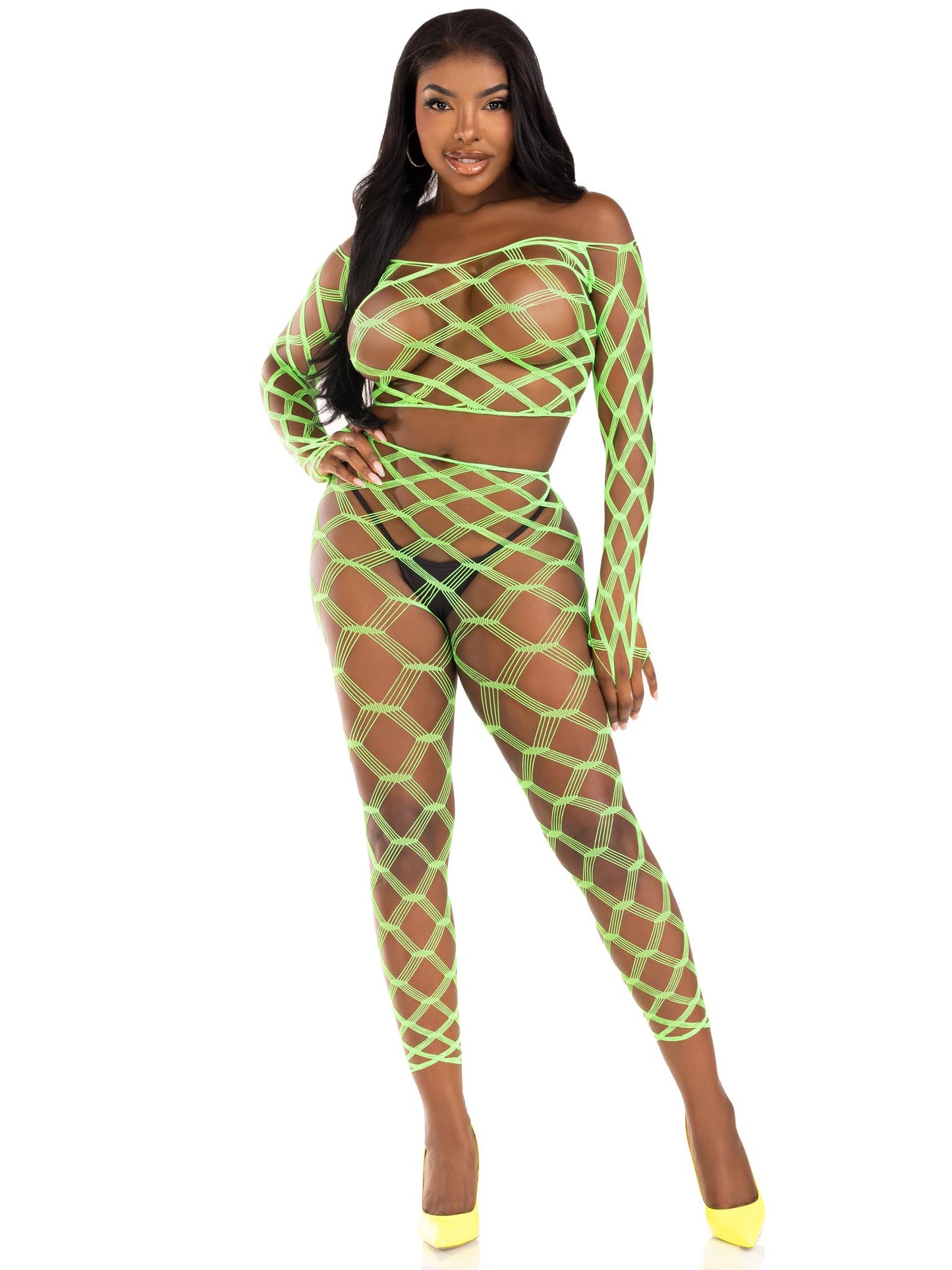 2 Pc Net Crop Top and Footless Tights - One Size - Neon Green