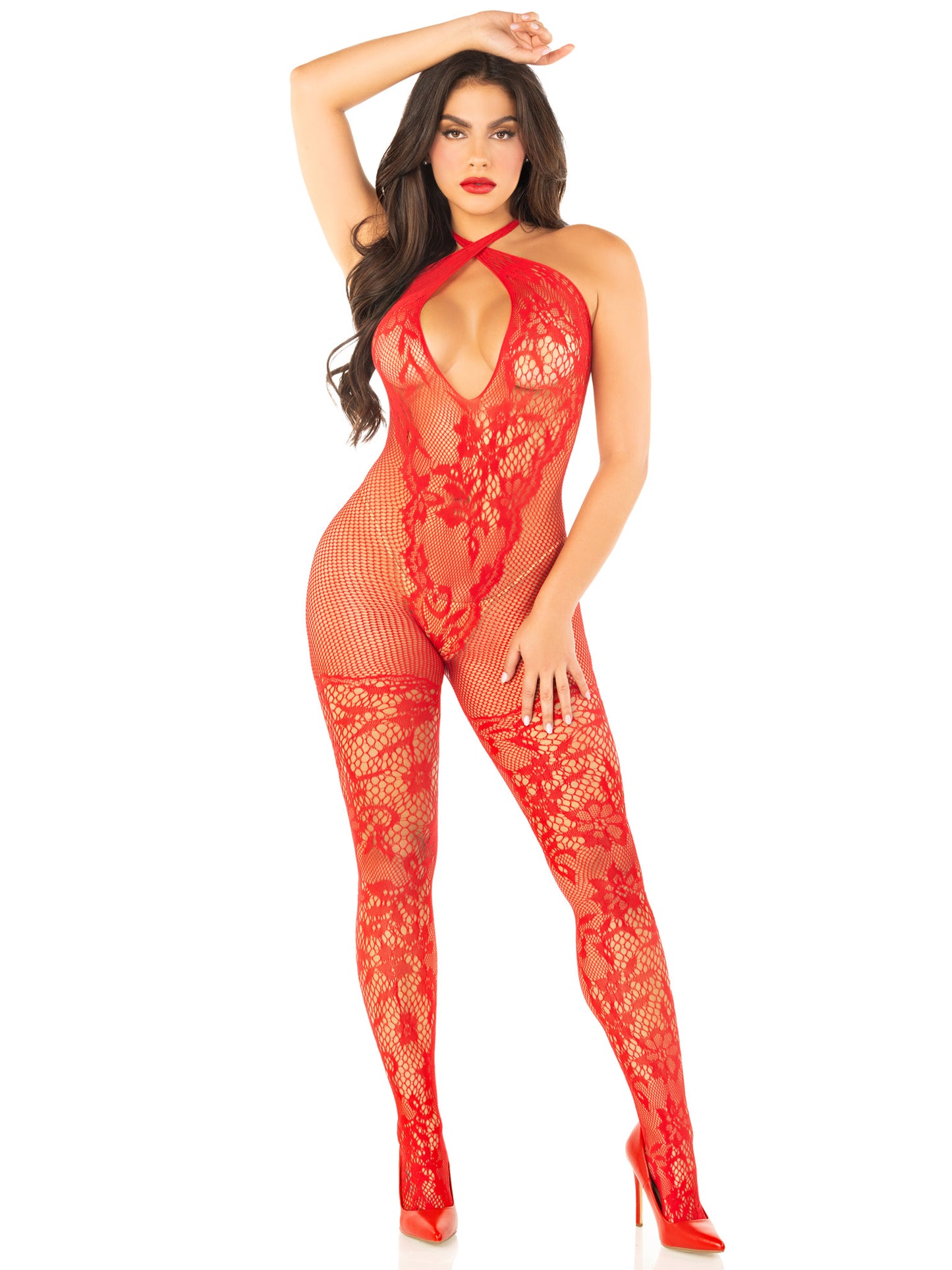 Red Seamless Net and Lace Lingerie Jumpsuit - With Keyhole Crossover Halter - Os