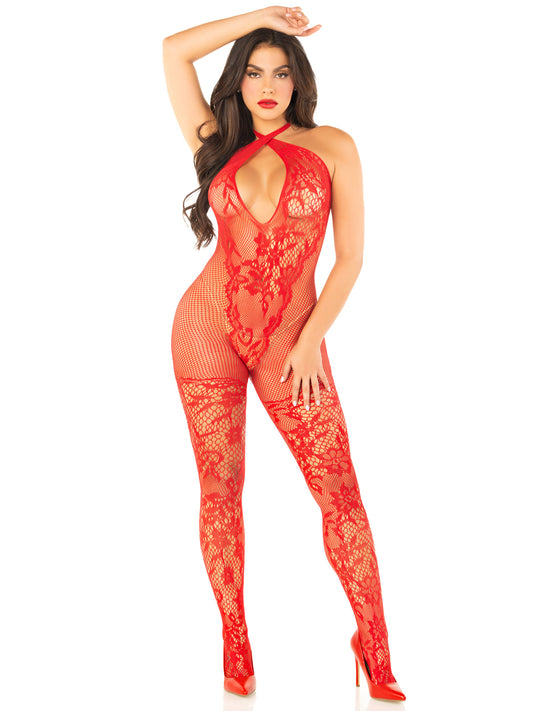 Red Seamless Net and Lace Lingerie Jumpsuit - With Keyhole Crossover Halter - Os