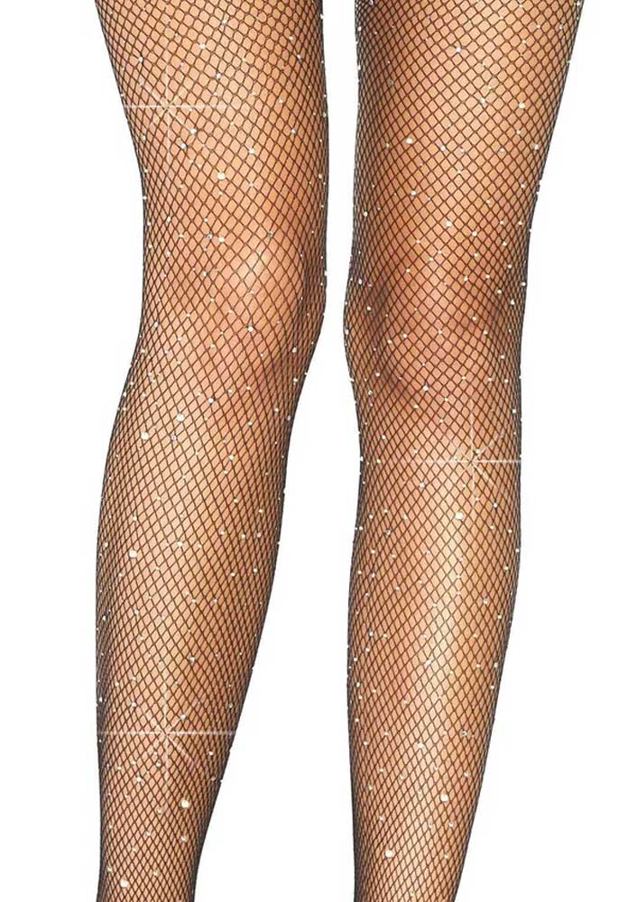 Casey Rhinestone Fishnet Suspender Pantyhose - One Size - Black