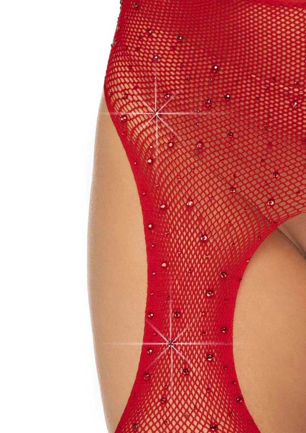 Casey Rhinestone Fishnet Suspender Pantyhose - One Size - Red