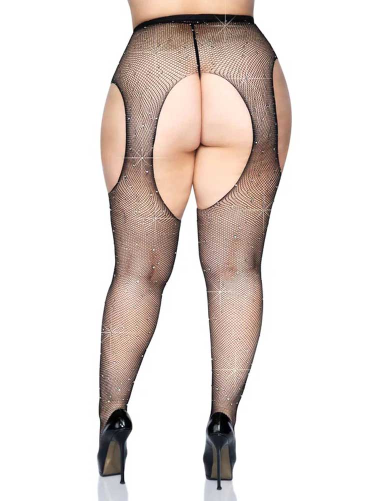 Casey Rhinestone Fishnet Suspender Pantyhose - Queen - Black