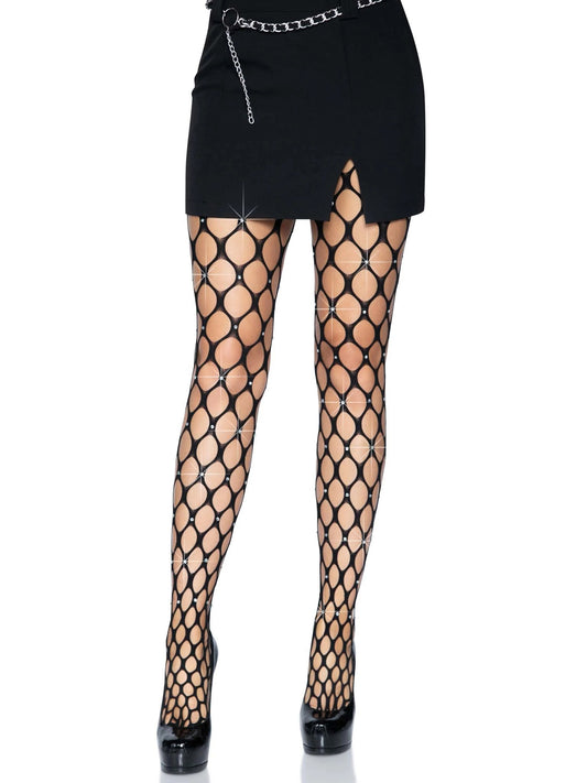 Rhinestone Pothole Net Tights - One Size - Black