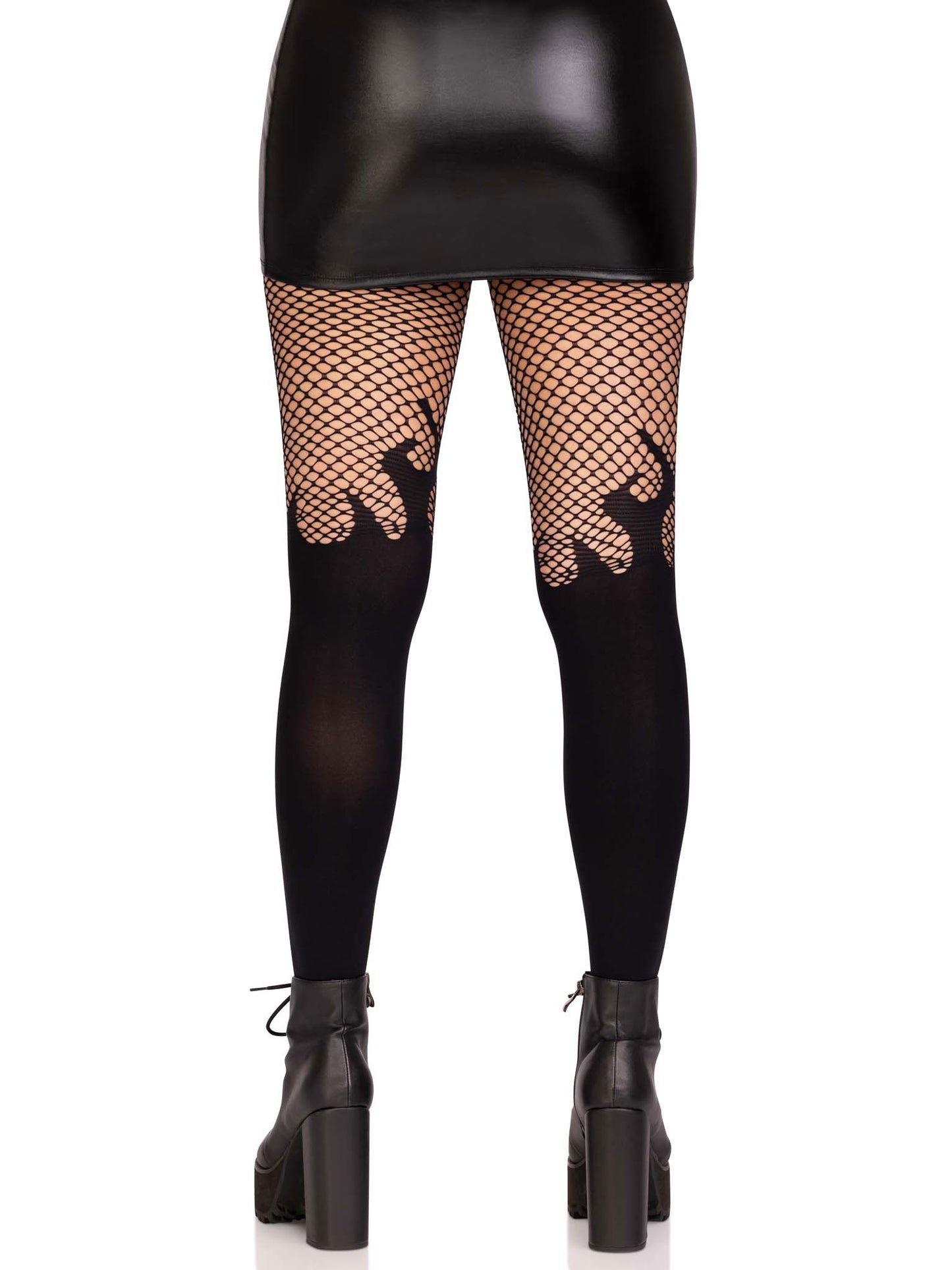 Opaque Flame Tights With Fishnet Top - One Size - Black