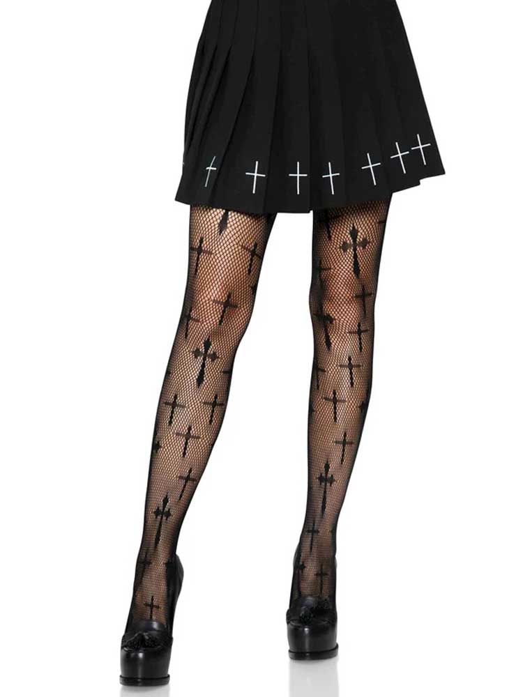 Worship Me Cross Net Tights - 1x/2x - Black