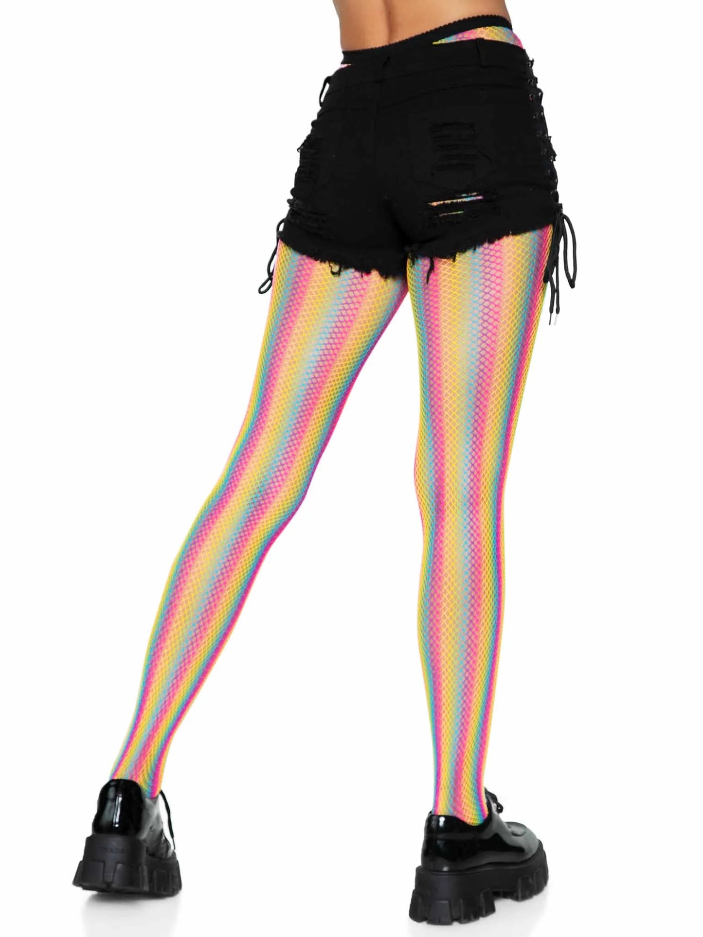 Neon Rainbow Striped Fishnet Tights - One Size - Multicolor