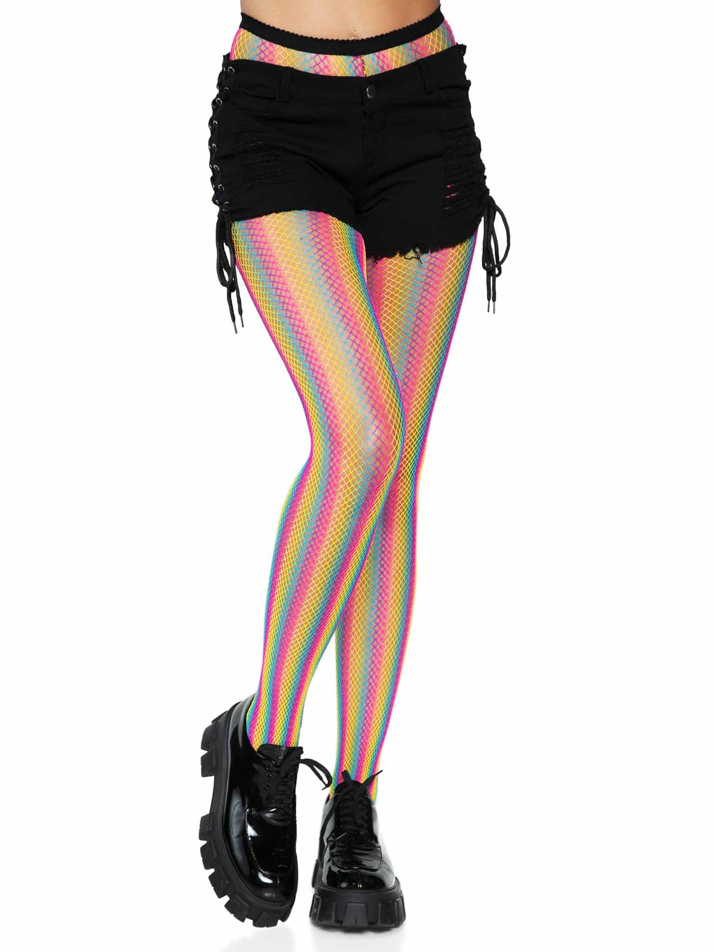 Neon Rainbow Striped Fishnet Tights - One Size - Multicolor