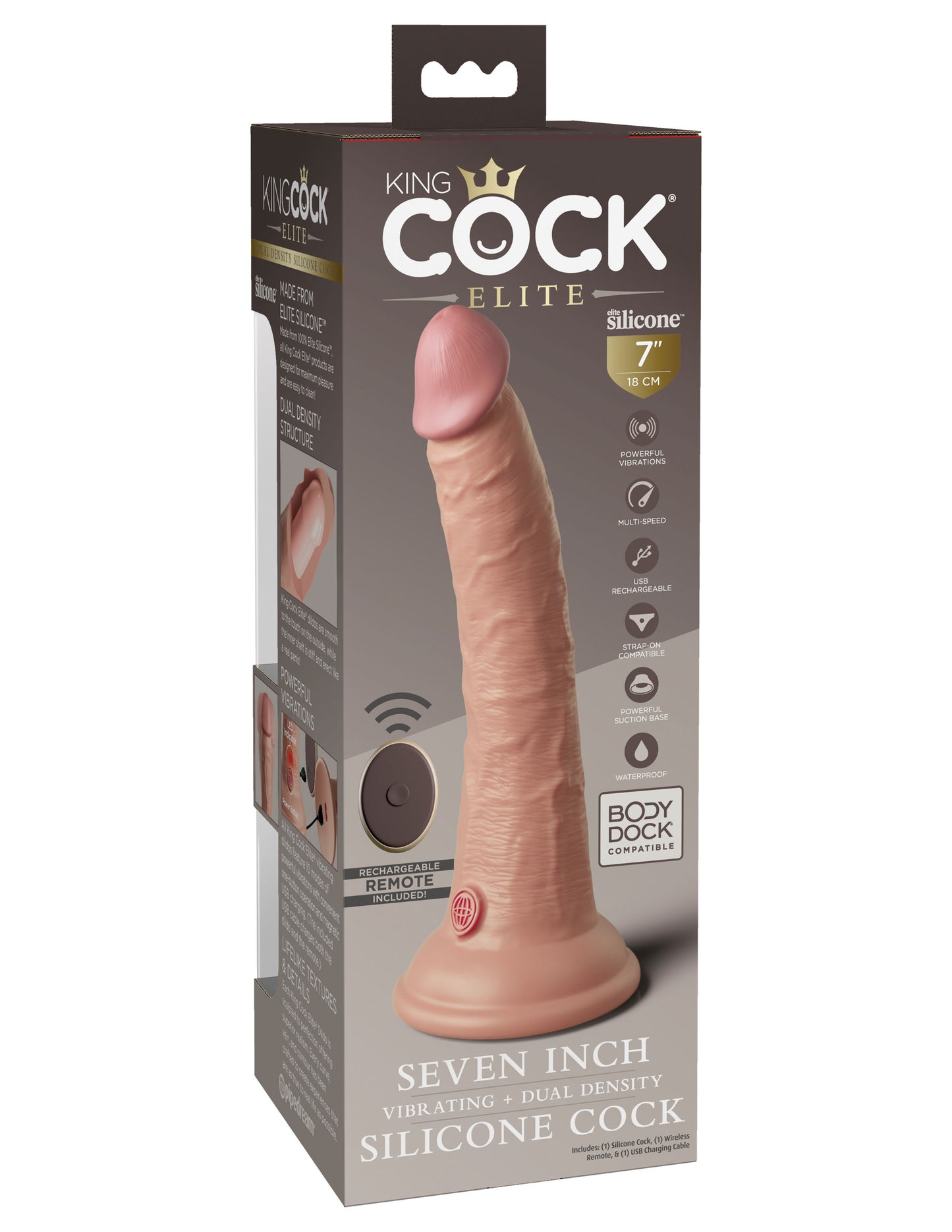 King Cock Elite 7 Inch Vibrating Silicone Dual Density Cock With Remote - Light