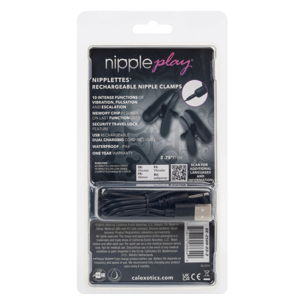 Nipple Play Nipplettes Vibrating Nipple Clamps Black Rechargeable