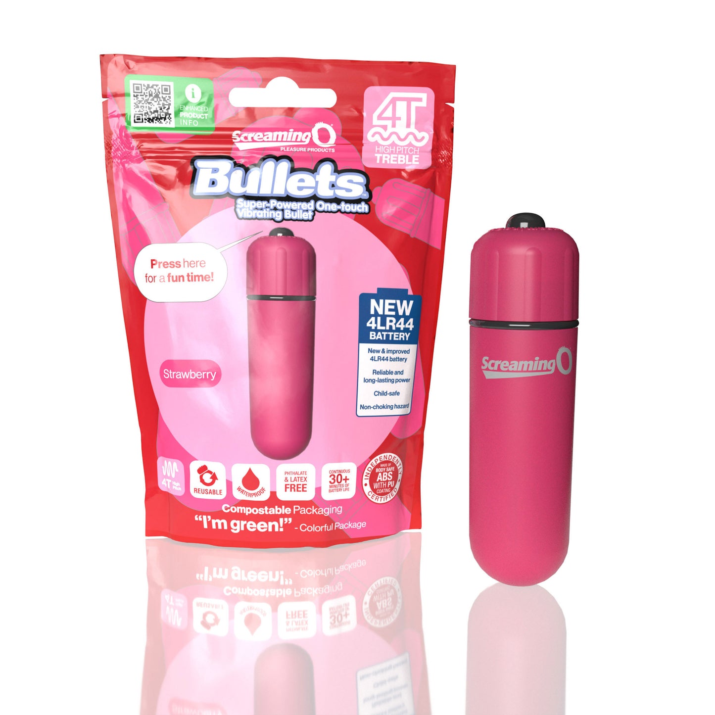 Screaming O 4t - Bullet - Super Powered One Touch Vibrating Bullet - Strawberry