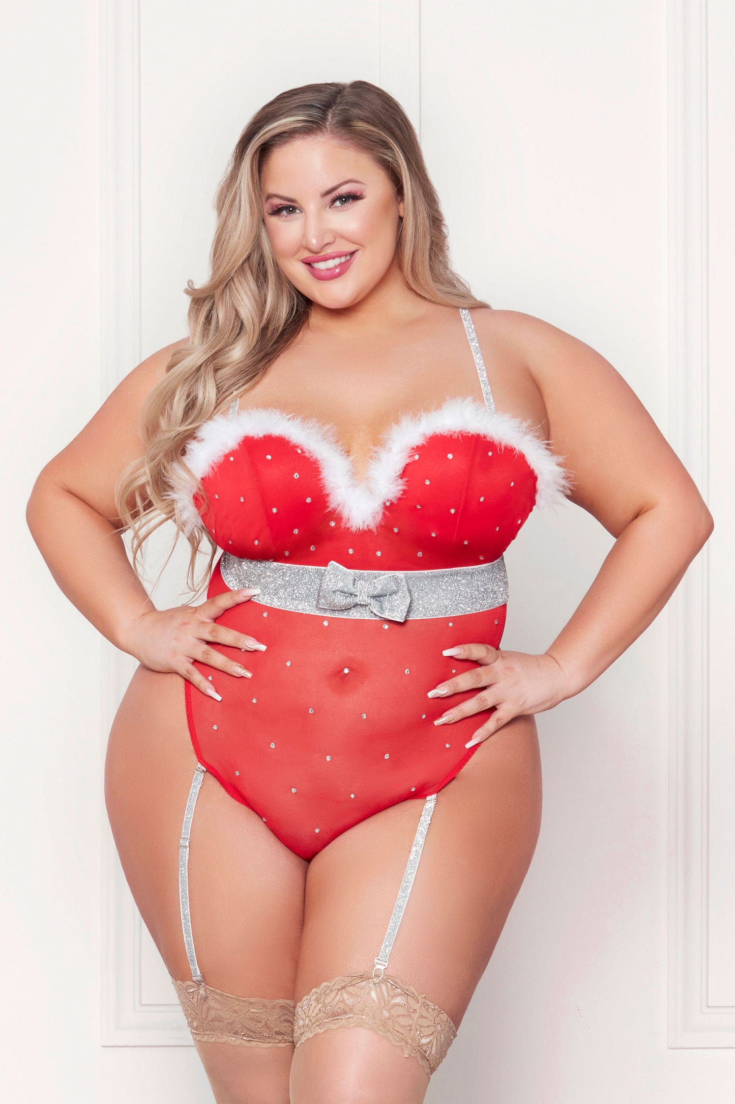 Rhinestone Studded Mesh Teddy With Marabou Trim - X-Large - Red