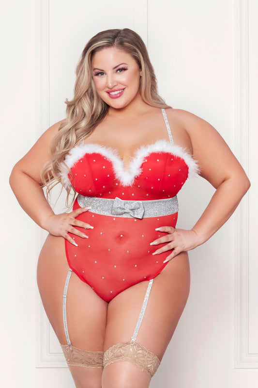 Rhinestone Studded Mesh Teddy With Marabou Trim - X-Large - Red