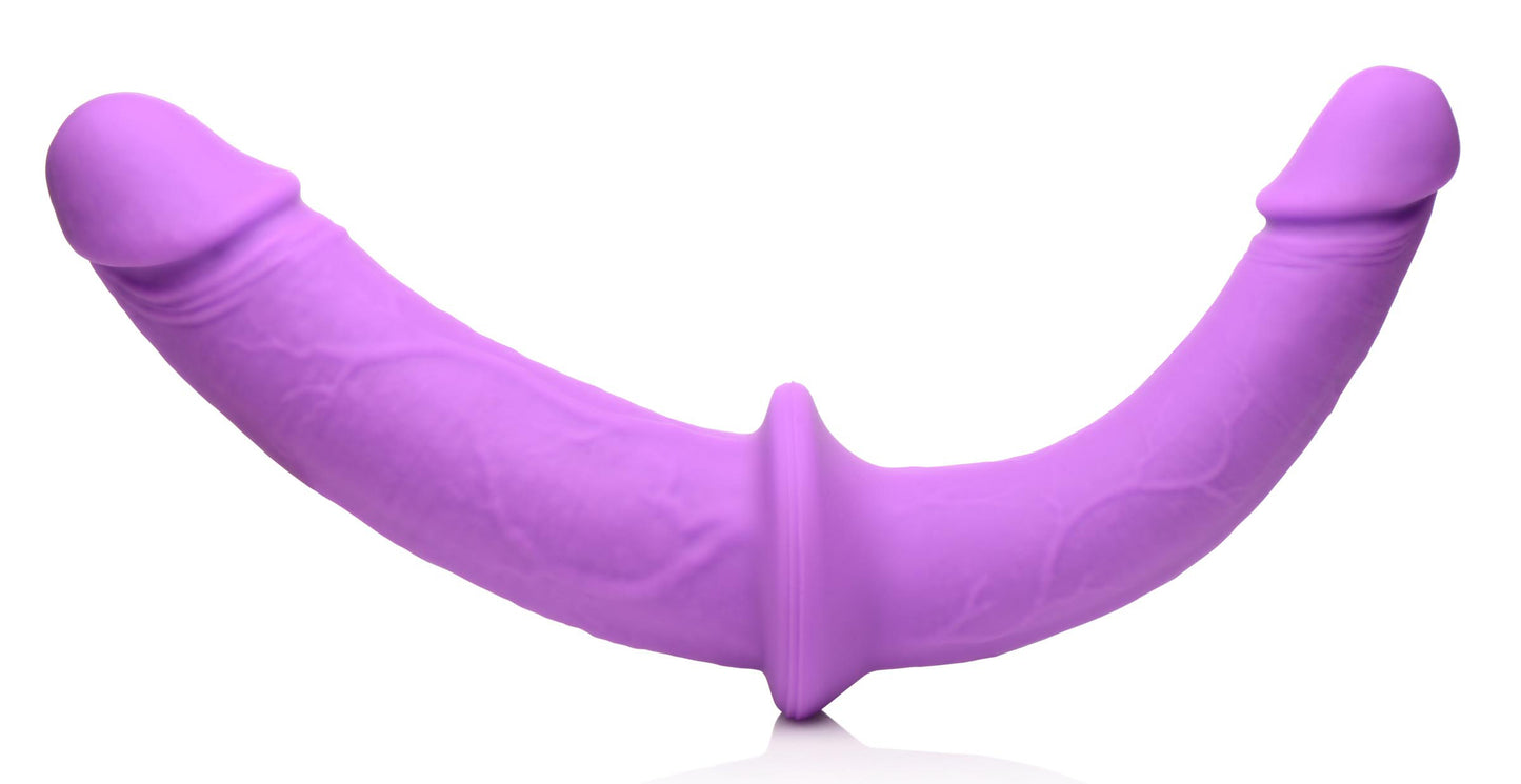 Double Charmer Silicone Double Dildo With Harness - Purple