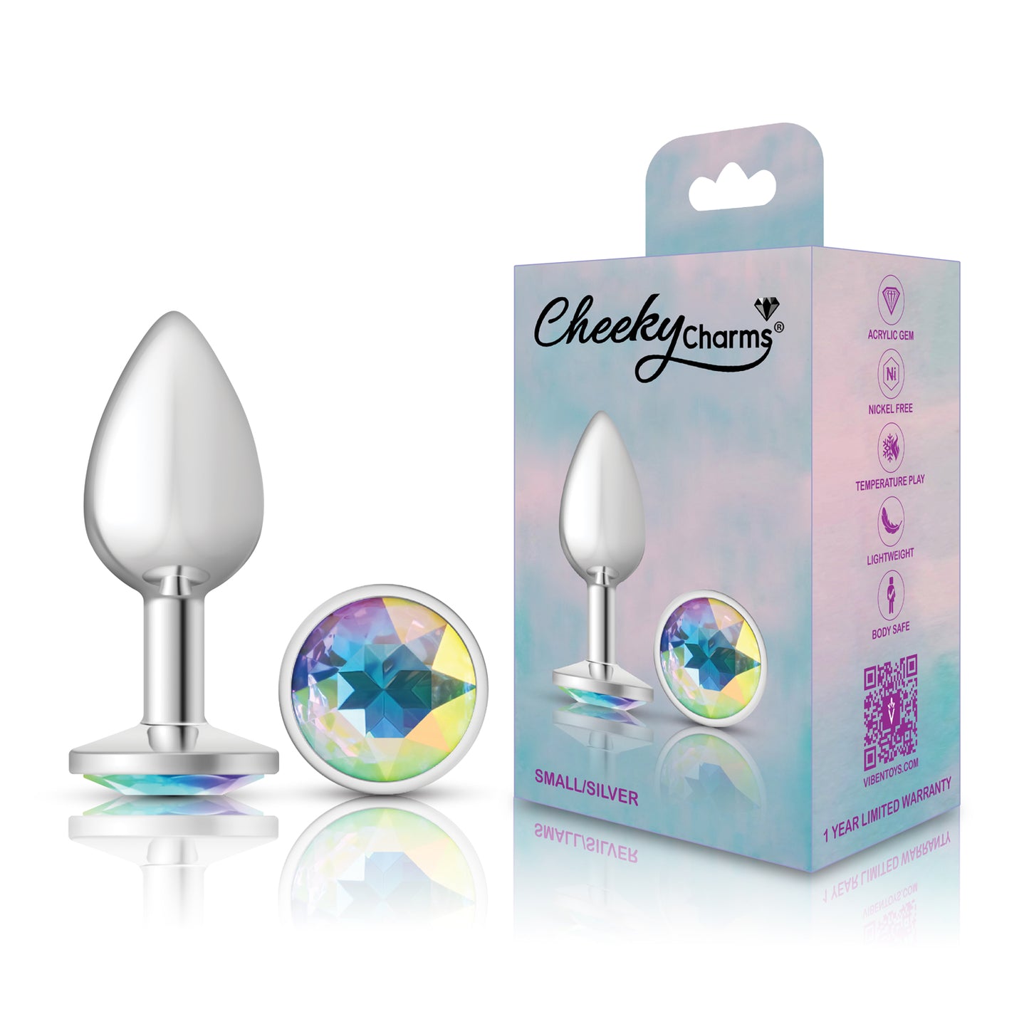 Cheeky Charms-Silver Metal Butt Plug- Round-Clear-Small