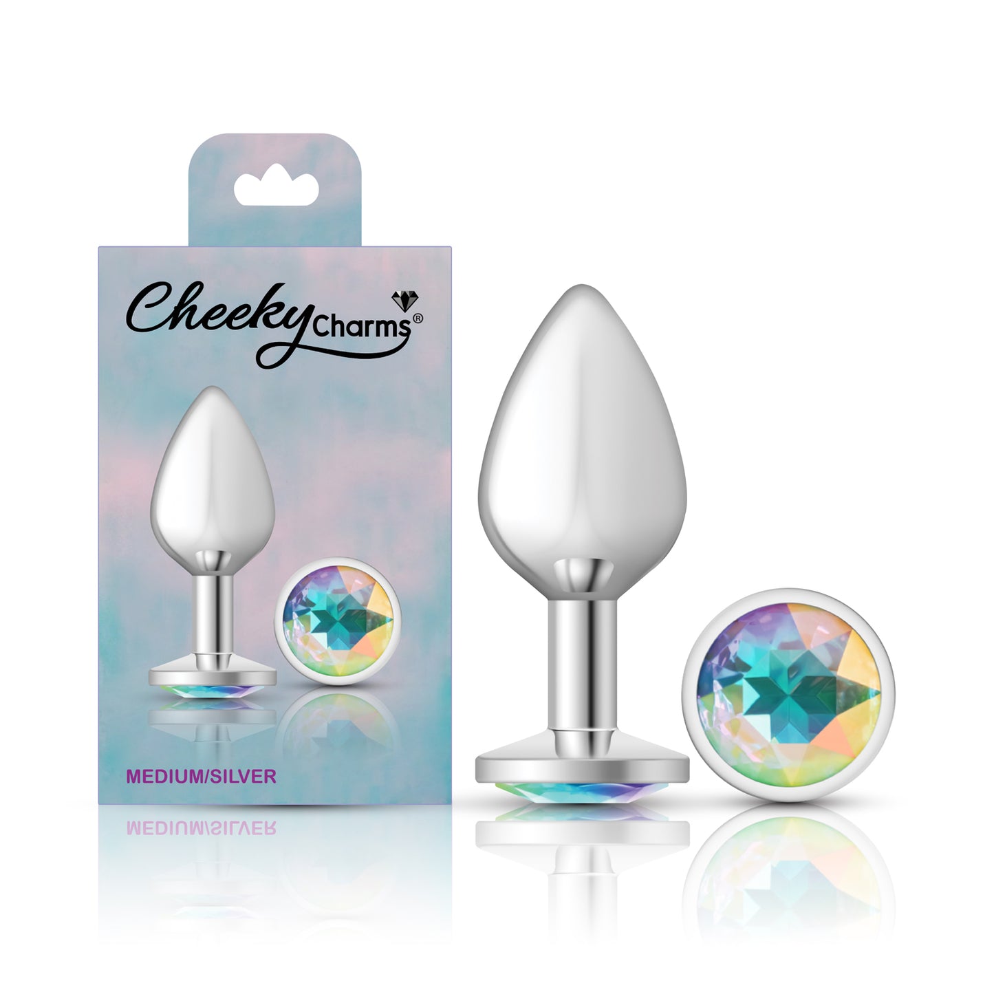 Cheeky Charms-Silver Metal Butt Plug- Round-Clear-Medium