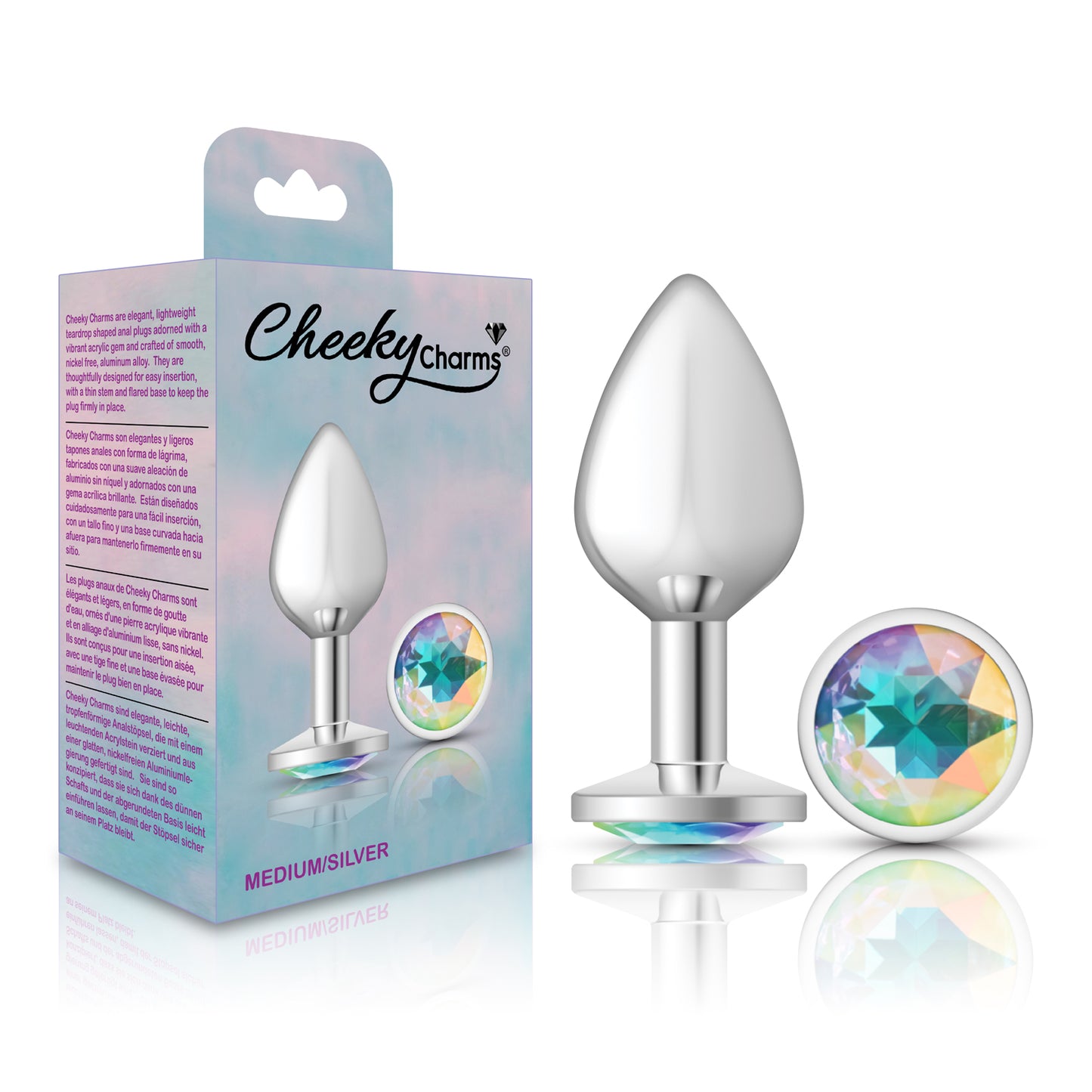 Cheeky Charms-Silver Metal Butt Plug- Round-Clear-Medium