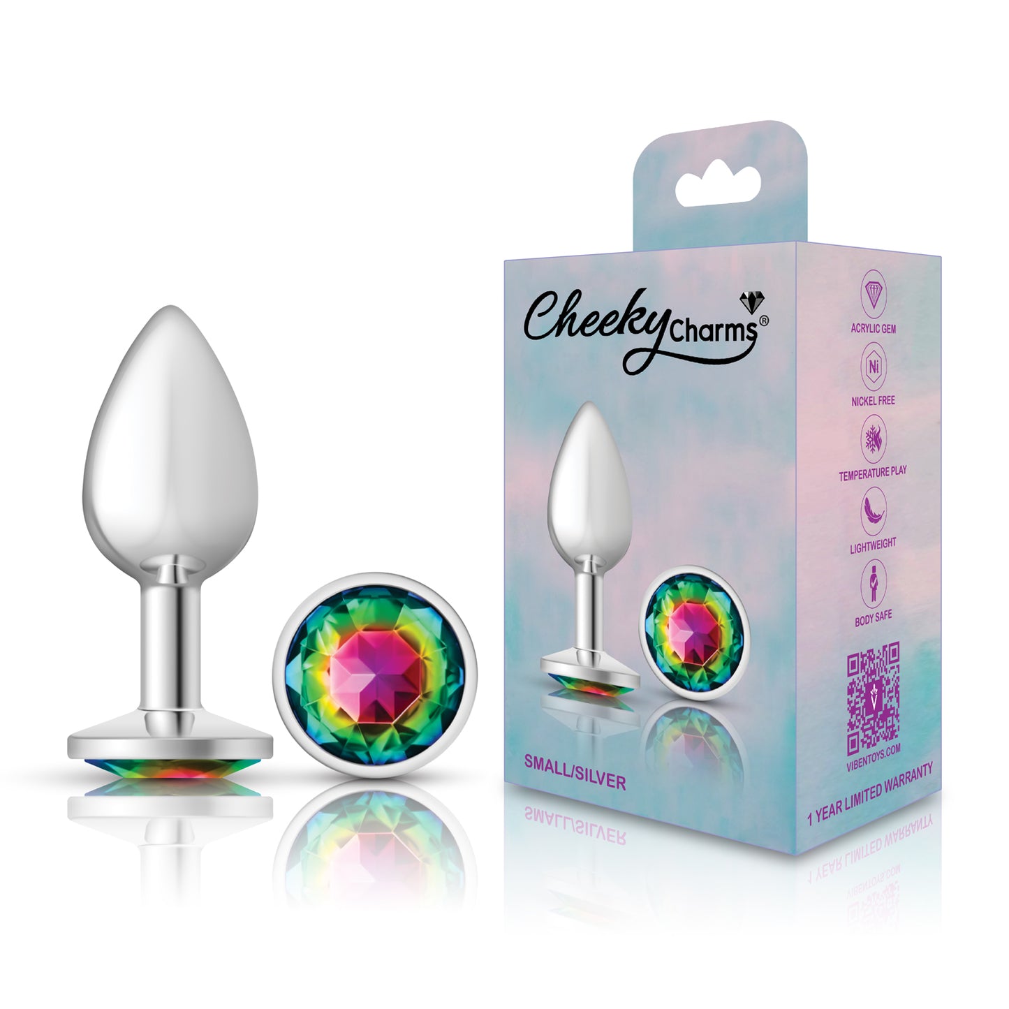 Cheeky Charms-Silver Metal Butt Plug- Round-Rainbow-Small