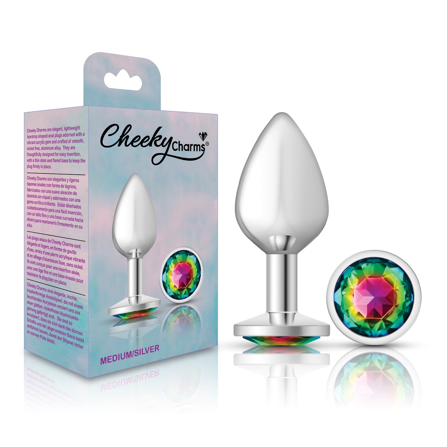 Cheeky Charms-Silver Metal Butt Plug- Round-Rainbow-Medium