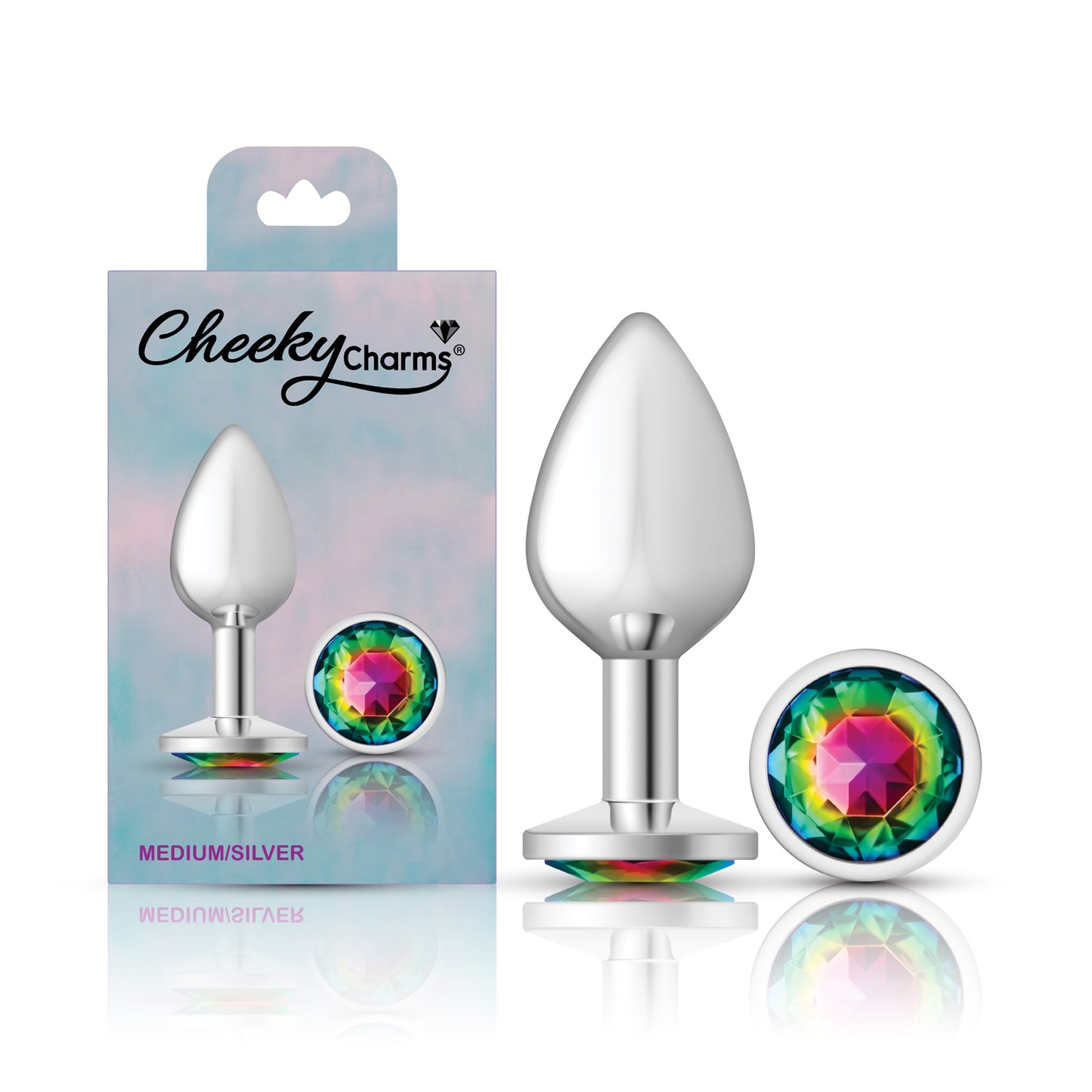 Cheeky Charms-Silver Metal Butt Plug- Round-Rainbow-Medium