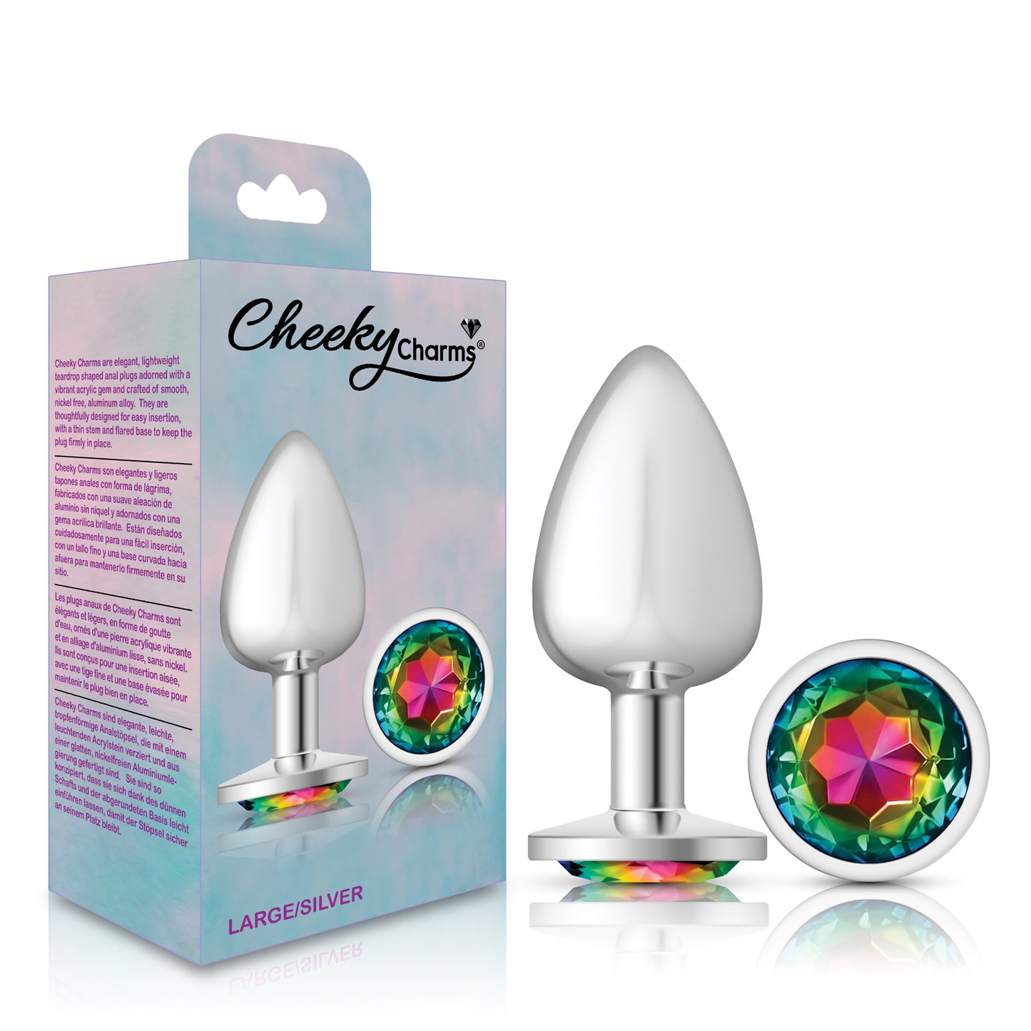 Cheeky Charms-Silver Metal Butt Plug- Round-Rainbow-Large