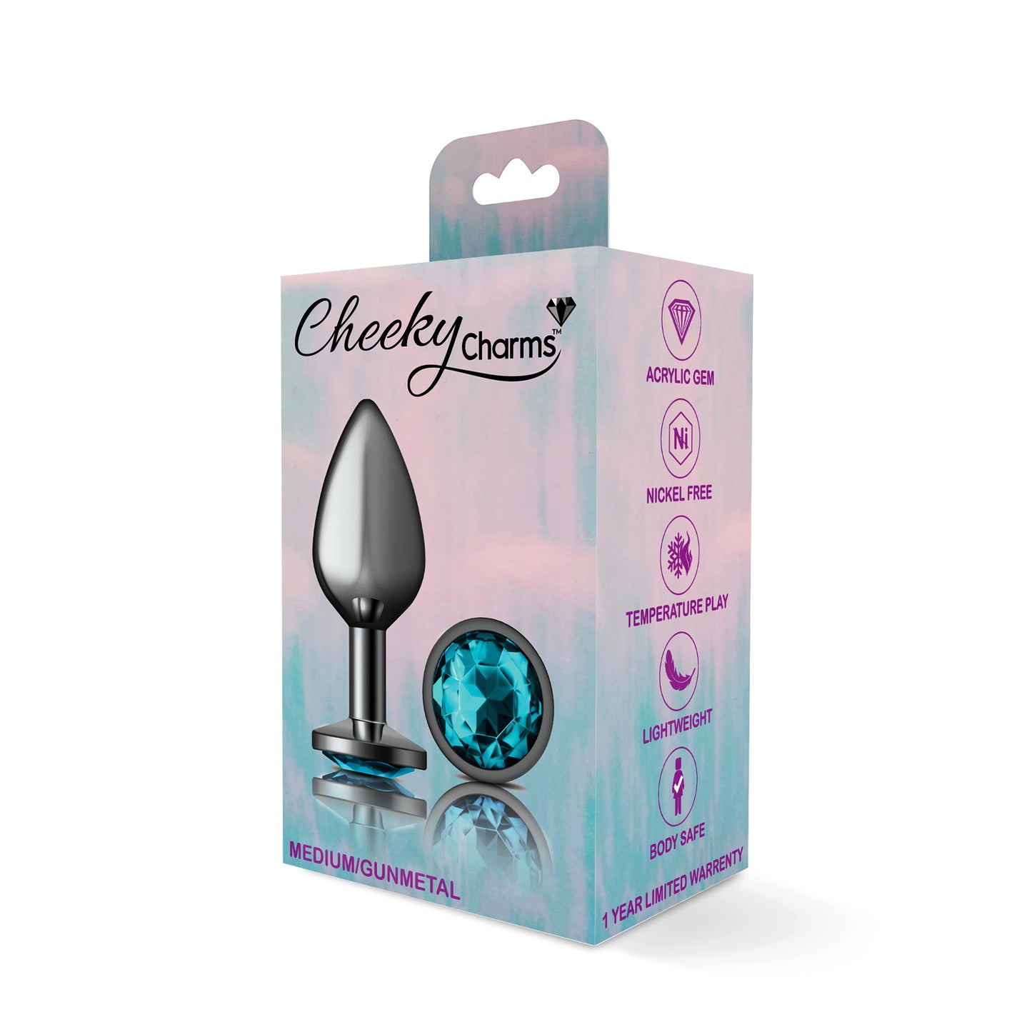 Cheeky Charms-Gunmetal Metal Butt Plug- Round-Teal-Medium