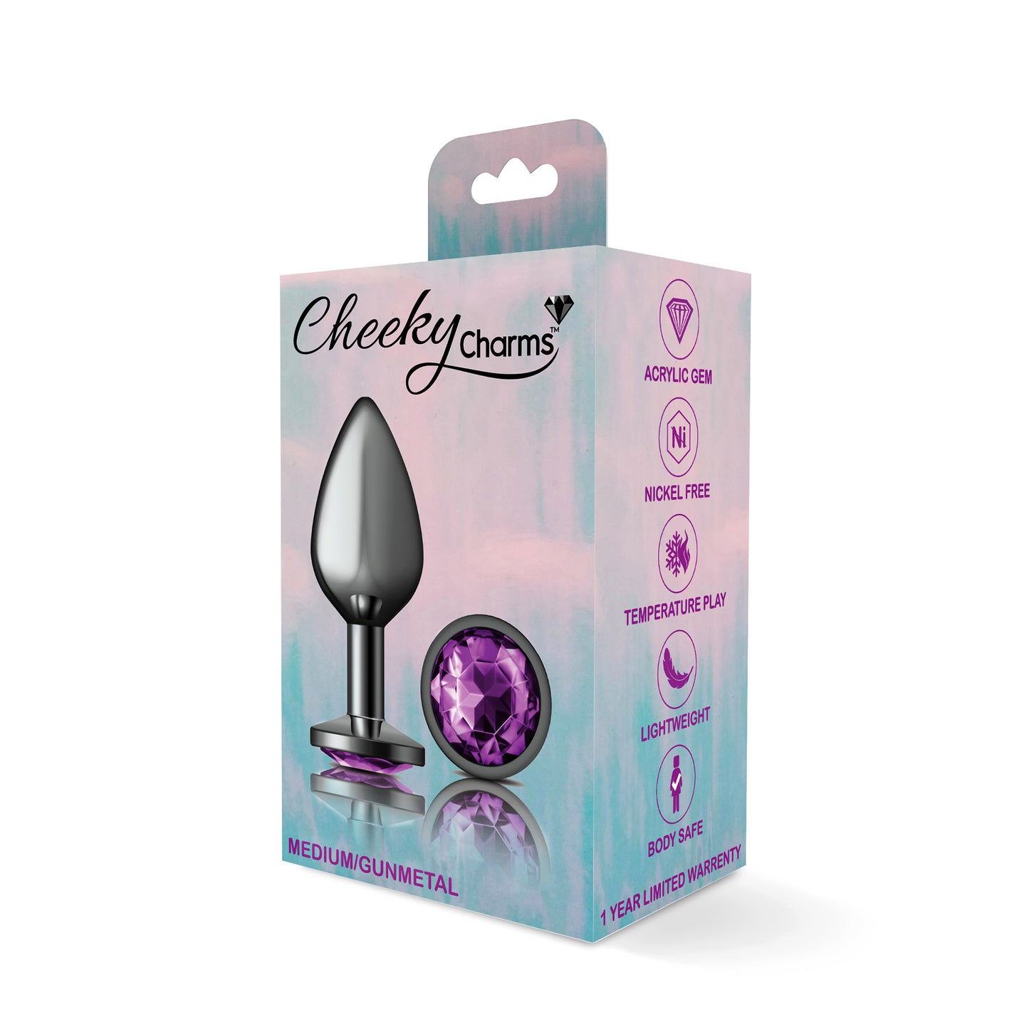 Cheeky Charms-Gunmetal Metal Butt Plug- Round-Deep Purple-Medium