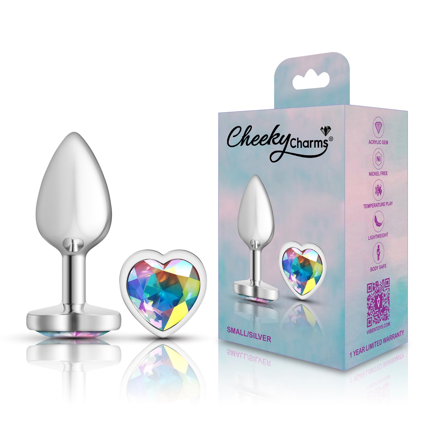 Cheeky Charms-Silver Metal Butt Plug- Heart-Clear-Small