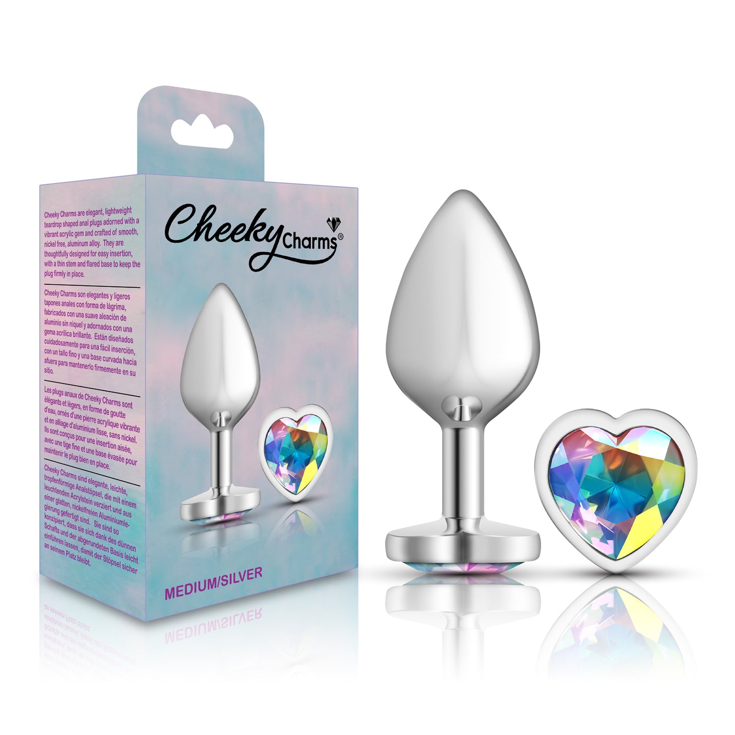 Cheeky Charms-Silver Metal Butt Plug- Heart-Clear-Medium